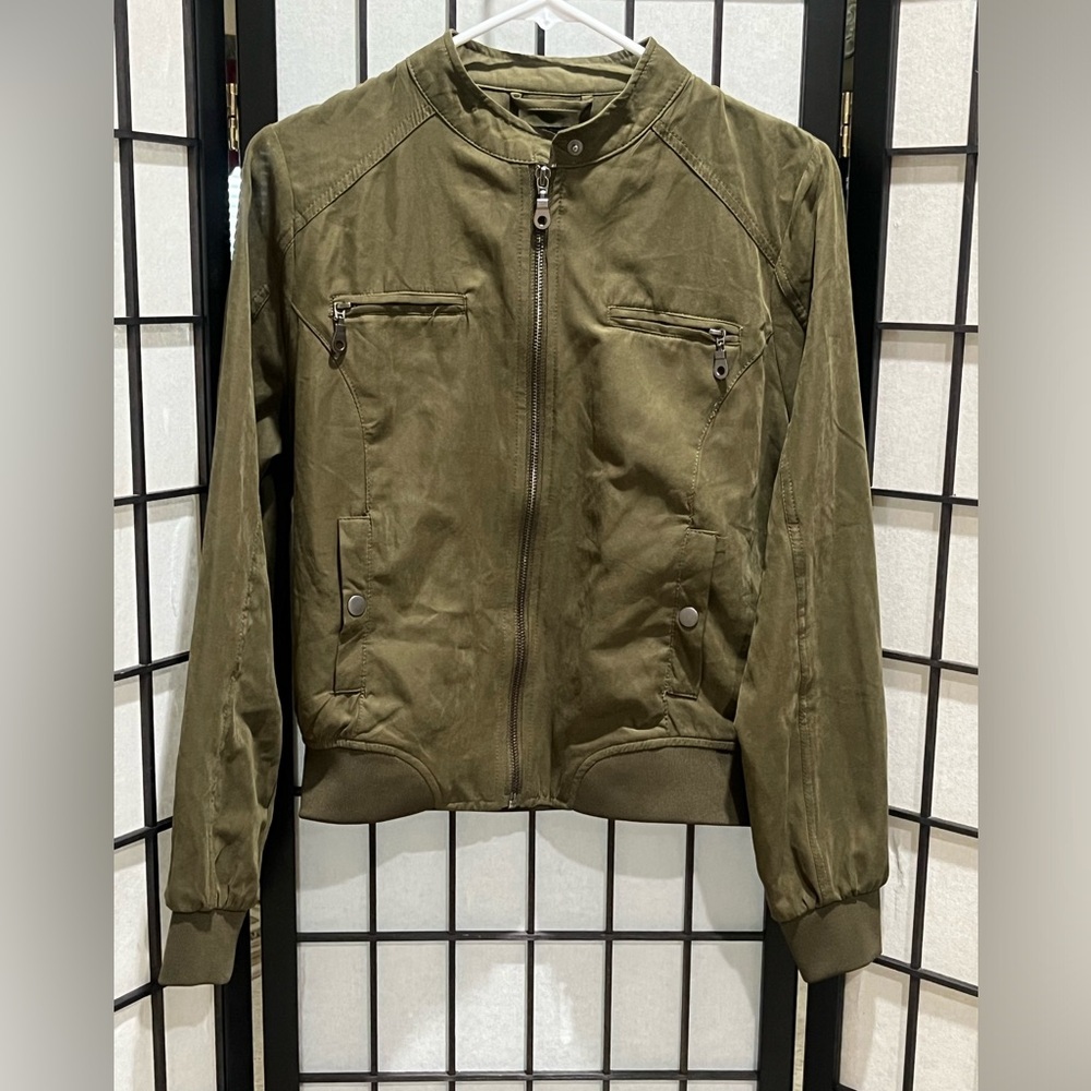 Iris LOS ANGELES Olive Green FAUX SUEDE BOMBER JACKET WOMEN SIZE L